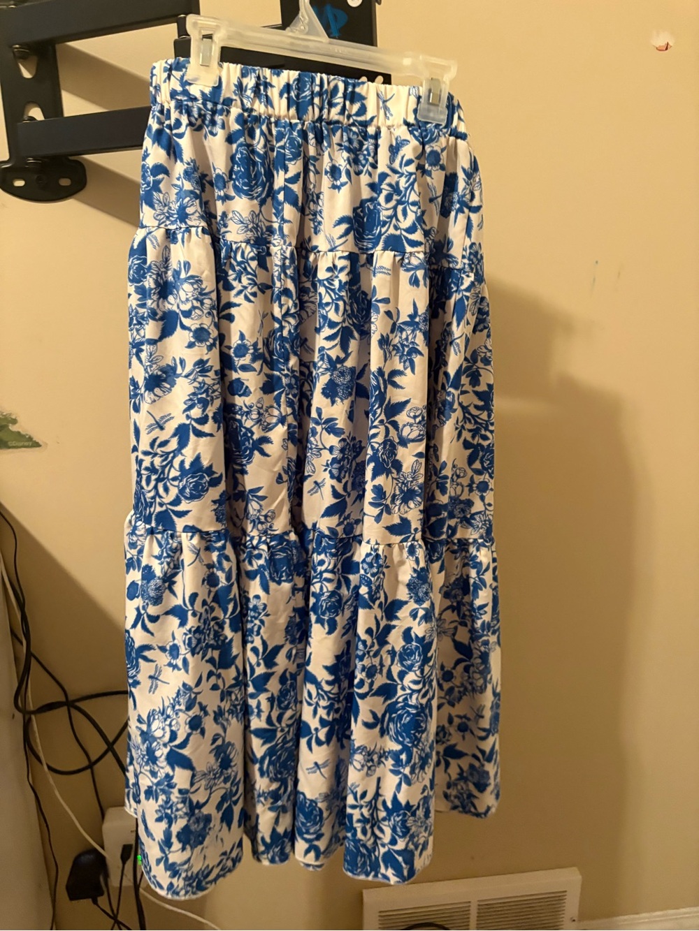 White and Blue Floral Tiered Maxi Skirt